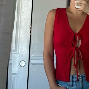 Red Sleeveless Tie-Front Top